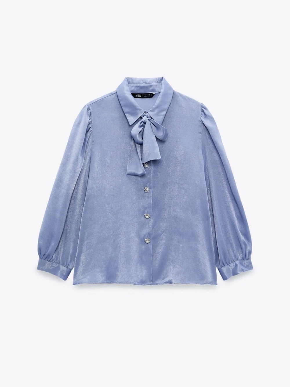 Zara Light Blue Satin Bow-Tie Blouse